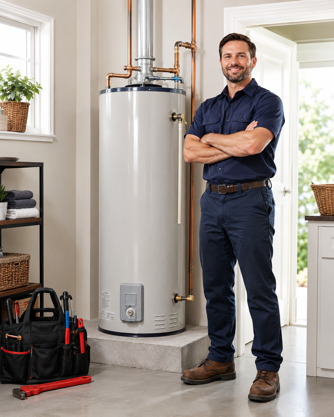 Skilled technician checking water heater connections and safe operating performance indoors