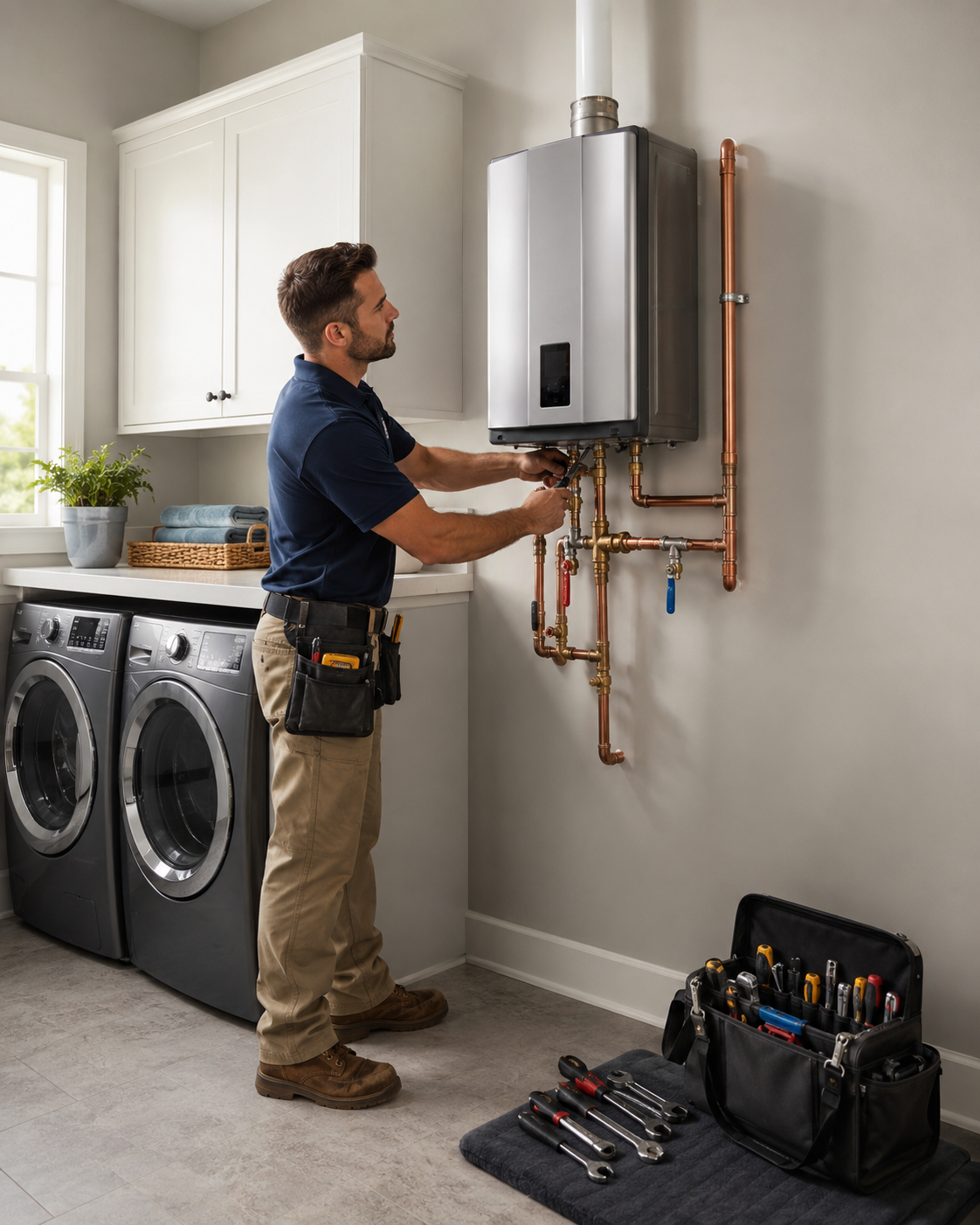 Plumber testing water heater connections and pressure settings with diagnostic tools indoors