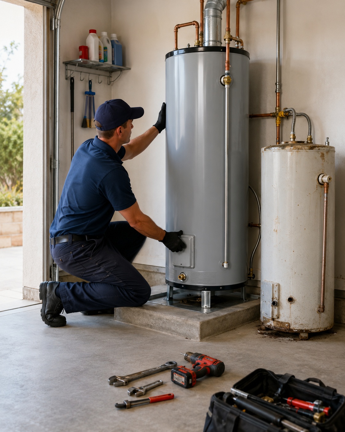 Technician installing new water heater in Arroyo Grande garage after old unit failure