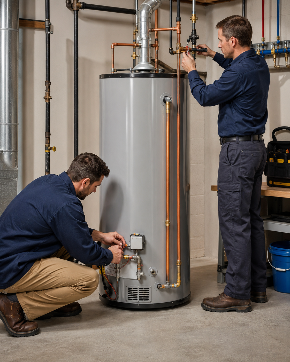 Experienced plumber checking venting and water heater connections with precision tools