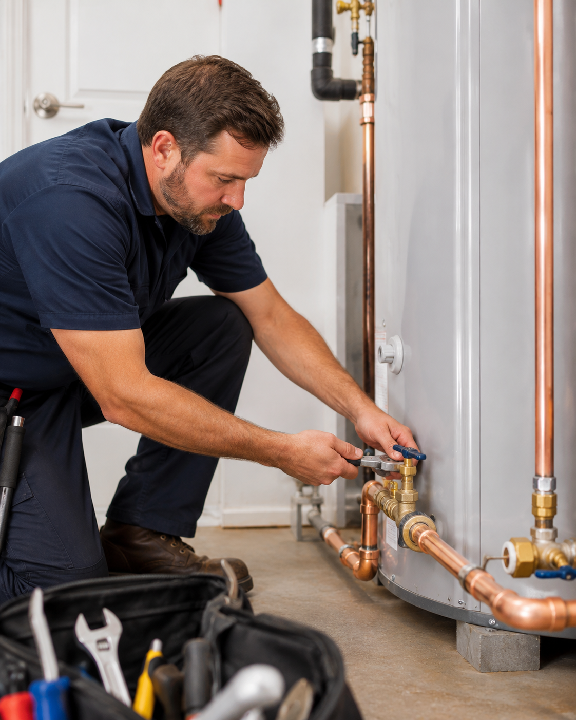 Plumber inspecting water heater connections and temperature controls before final startup