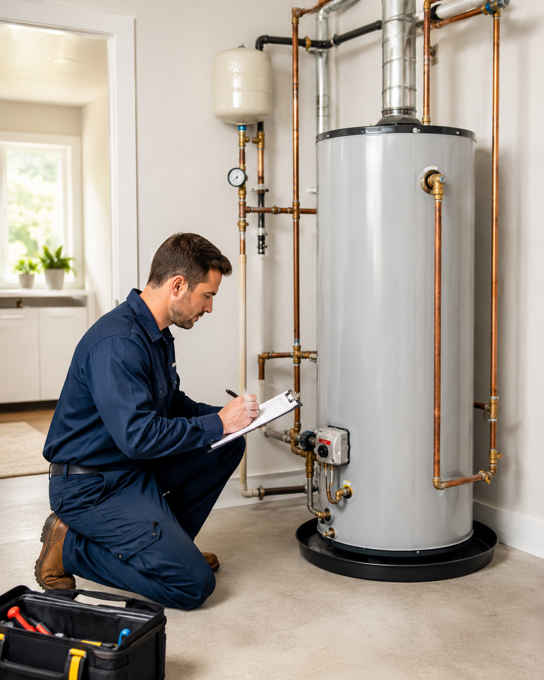 Technician replacing failed water heater in Paso Robles garage utility area