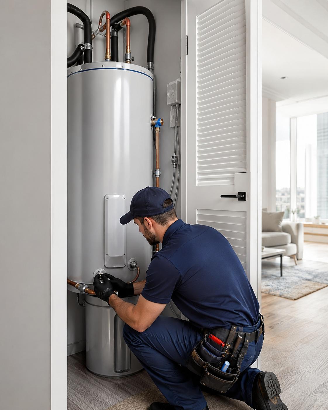 Experienced plumber checking new water heater fittings and system performance indoors