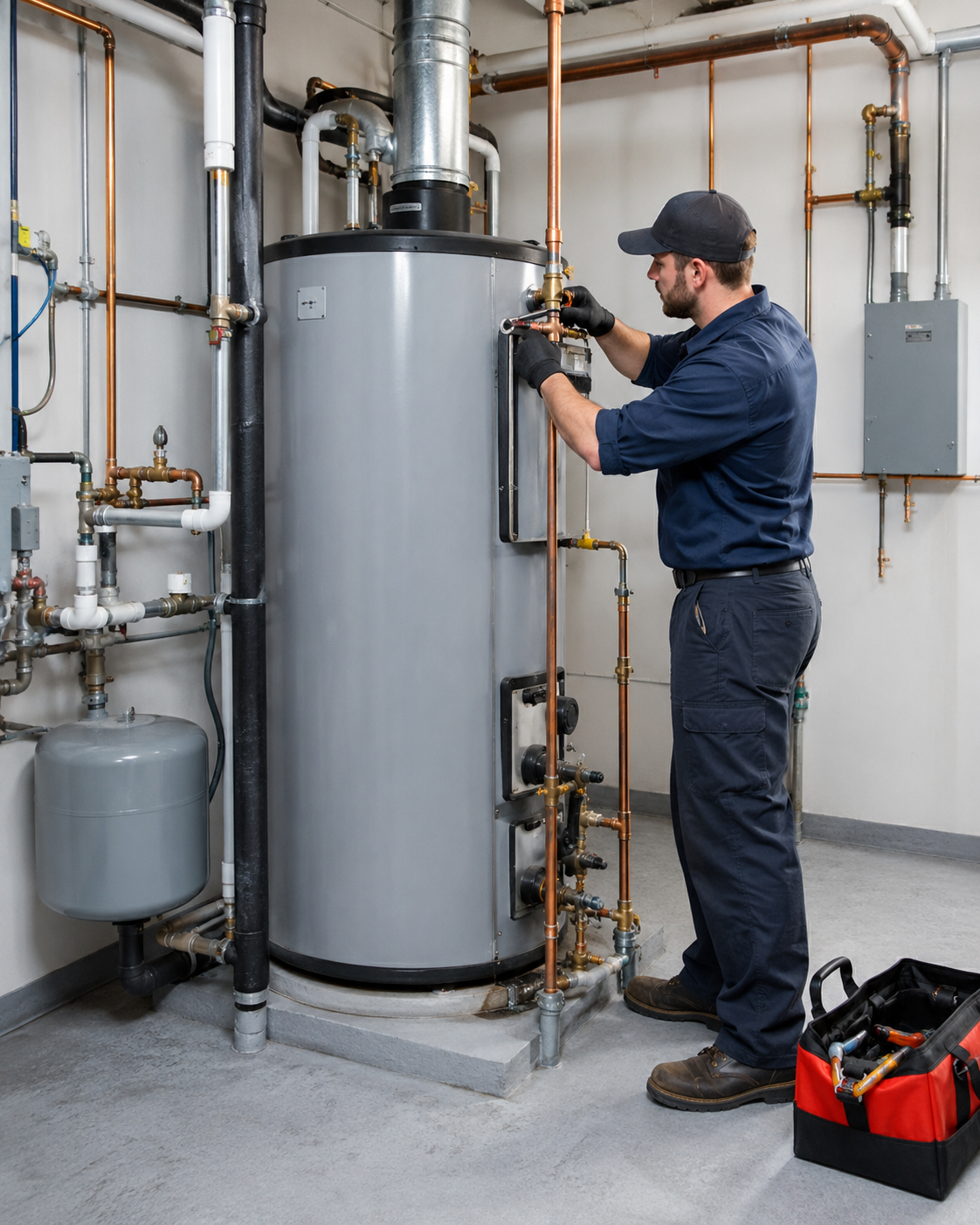 Plumber installing replacement water heater in Atascadero home garage utility space