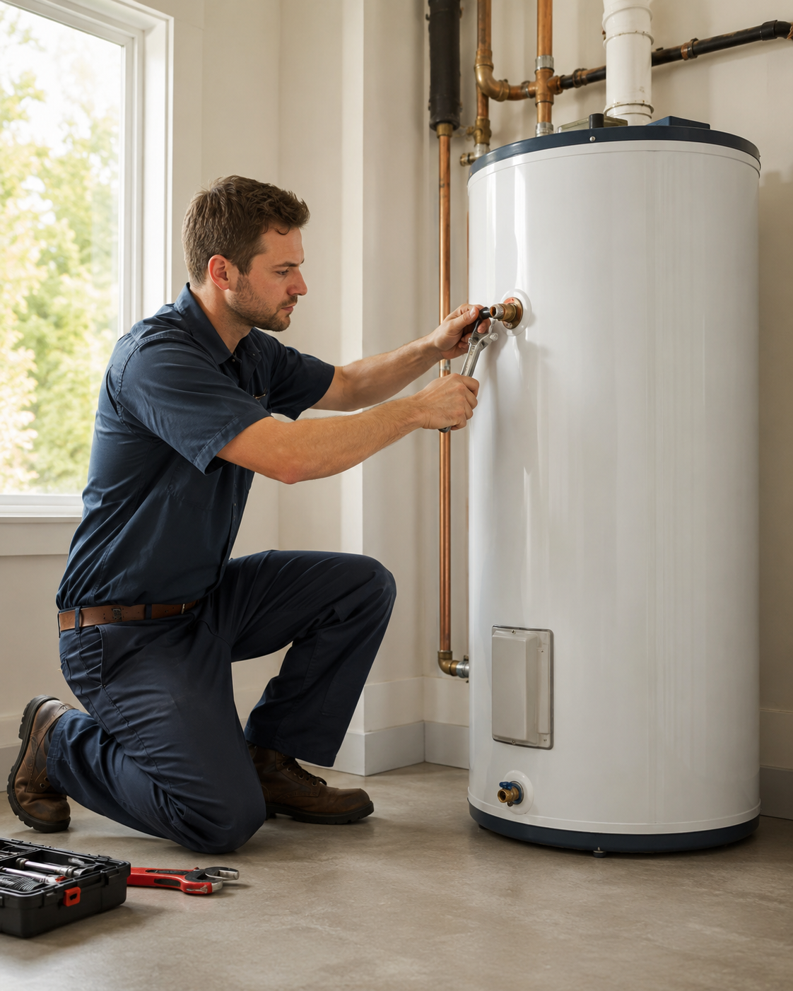 Technician replacing leaking garage water heater for San Luis Obispo homeowner before weekend guests arrive